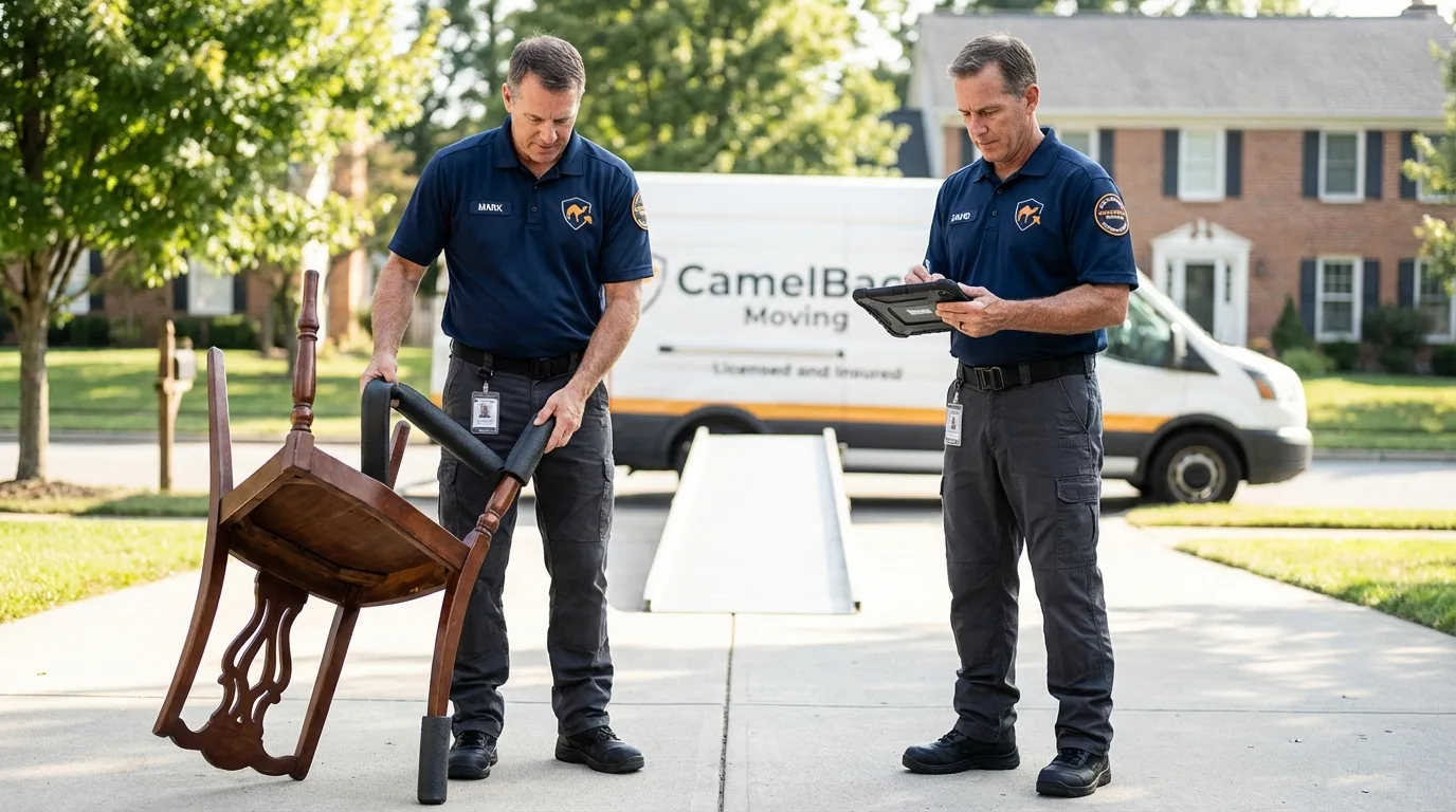 Movers inspecting furniture for damage prevention before loading in Estill, SC