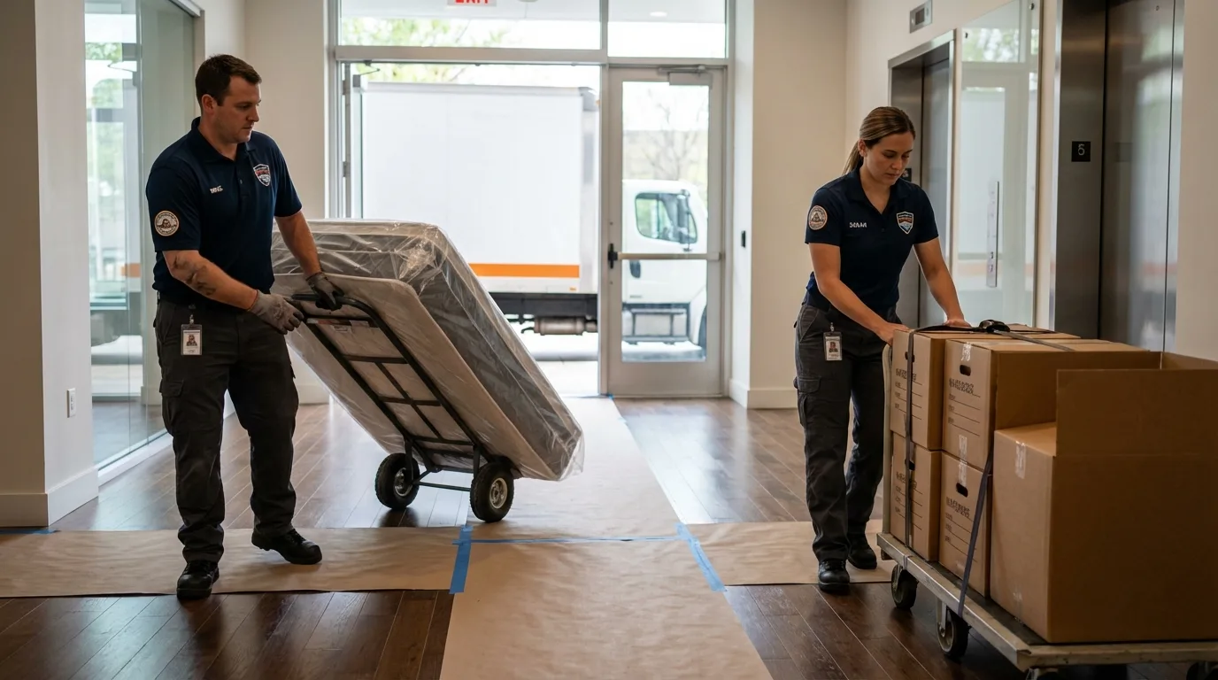 Professional apartment movers loading elevator in Estill, SC